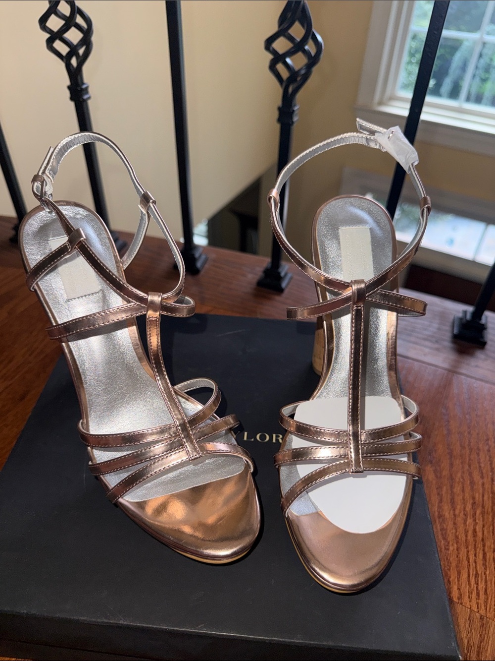Ann Taylor Rose Gold Strappy T‑Bar Heeled Sandals